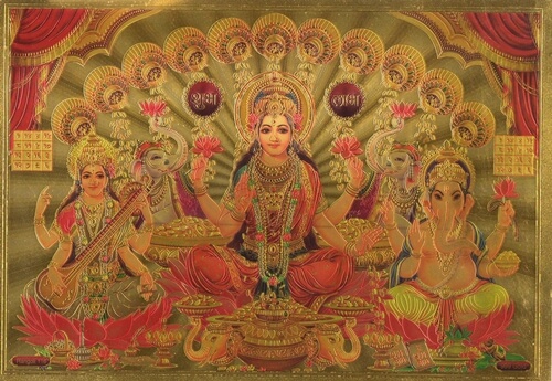 Laxmi-Saraswati-Ganesha-elefantes-grabado-imagen-papel-de-oro