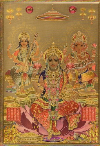 Laxmi-Saraswati-Ganesha-grabado-imagen-papel-de-oro