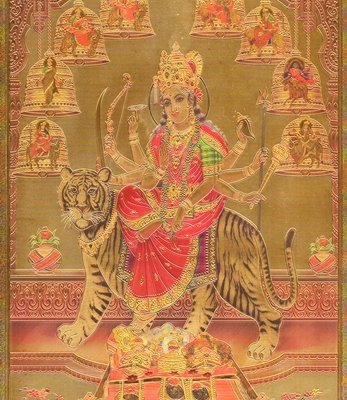 Durga-Mata-grabado-imagen-papel-de-oro-lamina