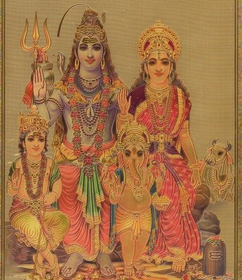 Siva-Parvati-Ganesha-Kartikeya-grabado-imagen-papel-de-oro