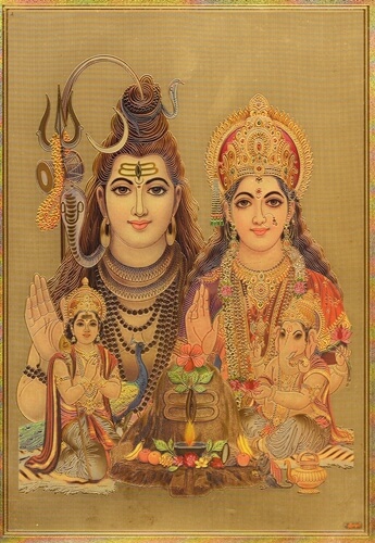 Shiva-Parvati-Ganesha-Kartikey-grabado-imagen-papel-de-oro